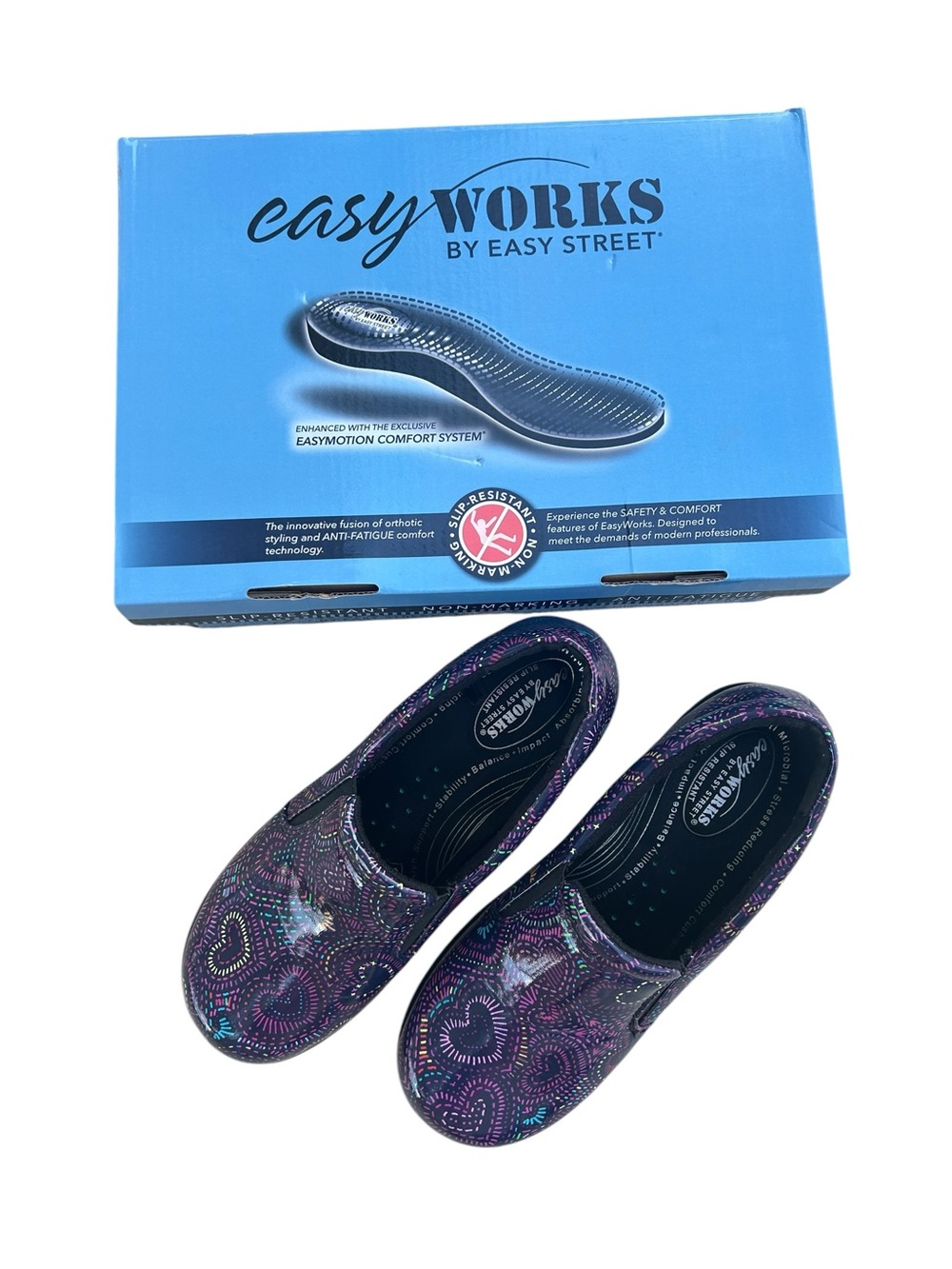 Easy Street Leeza Slip Resistant Clogs Purple Multi Patent Hearts Size 9W